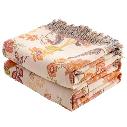Image of VANJOROY Boho Throw Blanket 80 inch x 90 inch, 100% Organic Cotton Breathable Skin-Friendly Ultra Soft Bed Quilt Throw - Floral Rustic Decor Luxury Reversible Blanket for Sofa Couch Chair and Gift,