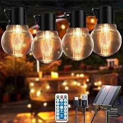 Aiohao Guirnaldas Luces Exterior Solares, 13.5M 30+2 LED Cadena de Luces IP65 Impermeable Recargable por USB 8 Modos 4 Brillo para Exterior Interior, Fiestas, Bodas, Jardin, Pérgolas (Blanco Cálido)