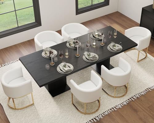 Image of HNY Mid Century Modern Upholstered Barrel Dining Chairs with Arms Set of 6, Velvet Kitchen & Dining Room Chairs, 18.5 inch Wide Accent Chairs for Dining Room Living Room with Gold Metal Frame, Cream