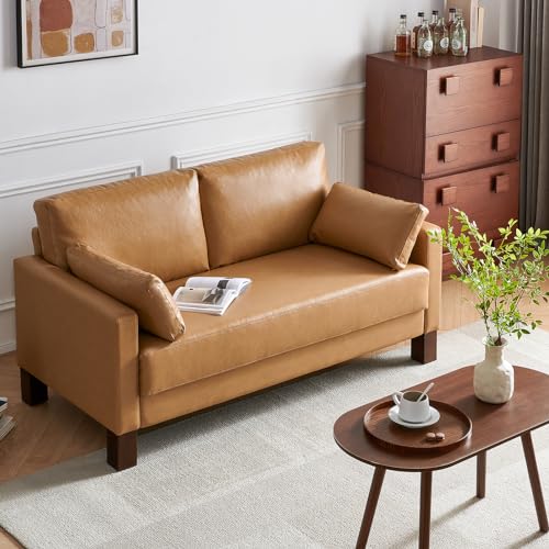 Atopston 56.2'' Faux Leather Sofa, 2 Seater Loveseat with Wooden Legs, Thick Cushion Coudh for Compact Apartment loft and Office, Tan…