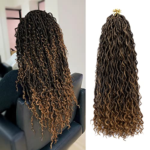 Goddess Locs Crochet Hair 18 Inch 7 Packs Ombre Boho Faux Locs Crochet Hair for Black Women Pre Looped Crochet Locs with Curly Ends (1B/27)