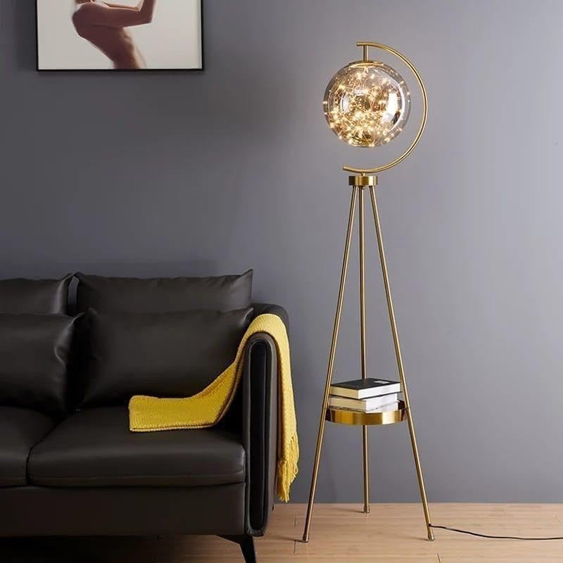 Image of blissbells Modern Tripod Floor Lamp with Glass Globe Shade, LED Fairy Lights, Gold Metal Stand, Storage Tray, 150 cm