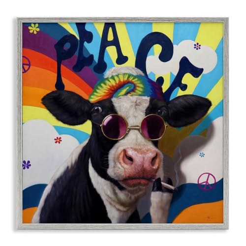 Hippie Cow Novelty Animal Print, 12 x 12 Inch Framed Giclée Print