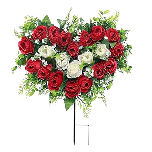Flores artificiales de cementerio, ramo de rosas artificiales en forma de corazón, flores conmemorativas de tumbas con estaca de suelo, para decoración de tumbas de exteriores, bodas, fiestas