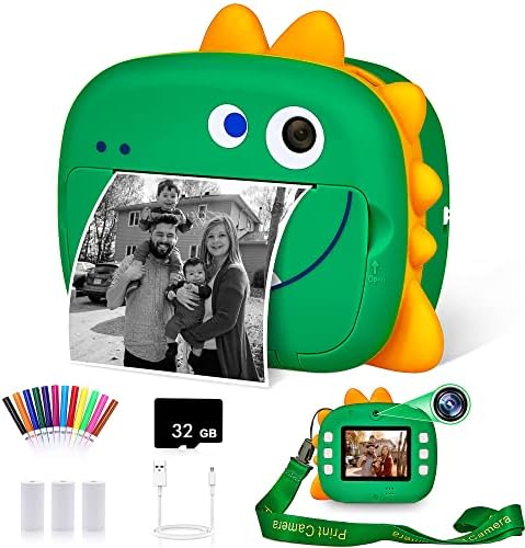 WQ Kids Camera Instant Print, 1080P Dinosaur Digital Print for with Dual Lens,Selfie Video Phone Connected,Zero Ink Ideal Gift Boys Girls 3-12