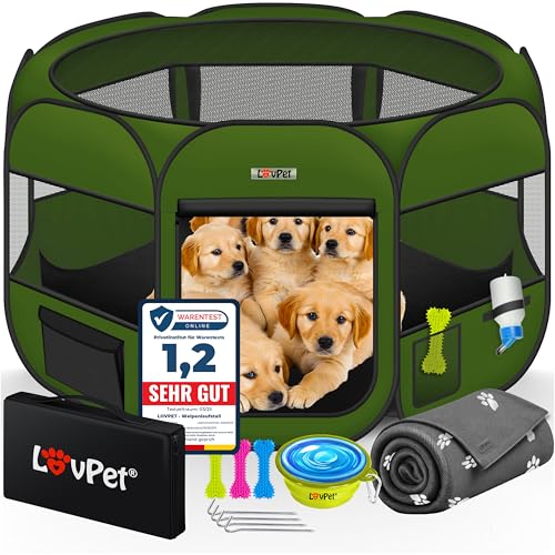 Lovpet® Welpenlaufstall Tierlaufstall Faltbar für Kleintiere Hunde, Katzen Inkl. Hundenapf und Fleece Decke Hundelaufstall Freigehege Oxfordgewebe Pop-up System Indoor & Outdoor, Khaki