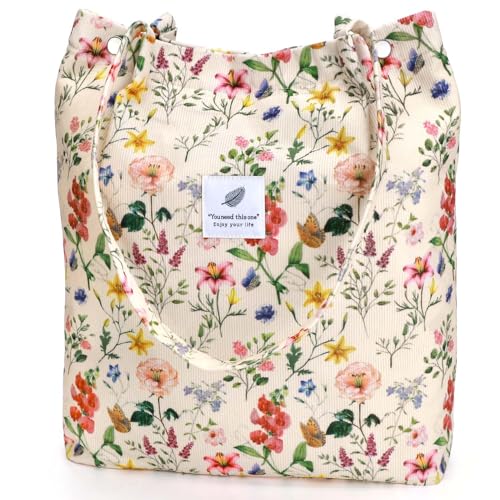 Image of Ayieyill Corduroy Tote Bag for Women Canvas Shoulder Cord Purse with Inner Pocket