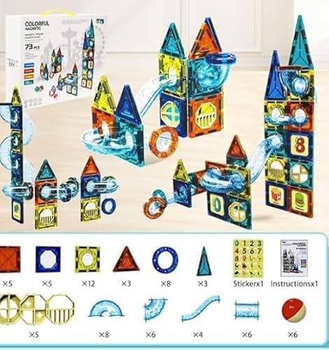 KIDSZONE Magnet Tiles Magnetic Building Blocks, Magnetic Tiles, Square Building Castle, Preschool Toys, STEM Stacking Construction Toys for Boys Girls (73 PCS)