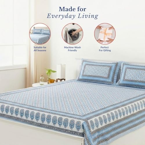 Image of Jaipur Weaves Jaipuri Double Bed Cotton Bedsheet Queen Size 90x85, 120 TC 100% Pure Cotton Bed Sheet with 2 Pillow Covers, Floral Traditional Print (Motifs Blue, Double)