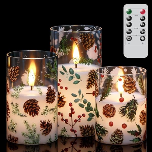 Image of Christmas Flameless Candles with Pinecone Decals, 3 Pcs Glass LED Battery Operated Candles with Remote Timer and 3D Flickering Flame for Christmas Holiday Home Decor(Set of 3, D3 inch x 4 inch5 inch6 inch)