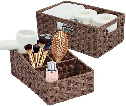 Small Wicker Baskets 2 Pack,EMPEROR Woven Lavatory Storage Baskets for Towels Papers Hair Instruments,Washable Rectangular Wicker Organizer Storage Bins for Cabinets Rest room Vainness (Brown)