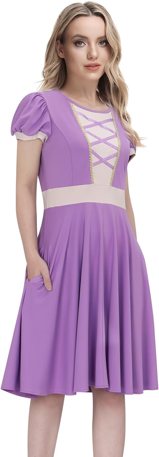 FOCUSOUL Women Princess Long Hair Dress Costume Purple Twirl Skirt Gown Outfit Halloween Party Movie Cosplay Fancy Dress Up