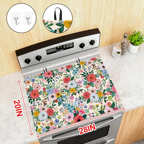 Image of Watercolor Flowers Stove Top Cover for Electric Stove, Flowers Rubber Stove top Cover, Heat Resistant Glass Cooktop Cover, Flat RV Range Protector Dish Drying Mat, Kitchen Farmhouse Decor, 28 inchx20 inch