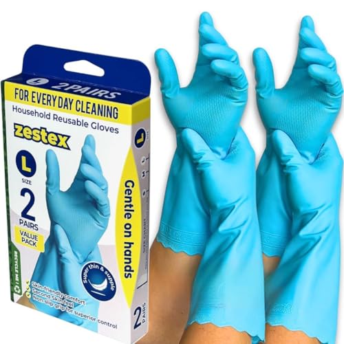 zestex Gentle on Hands Dishwashing Gloves – 2 Pairs Reusable Thin Cleaning Gloves for Sensitive Skin, Flexible and Comfortable for Everyday Household Tasks (2, Large)