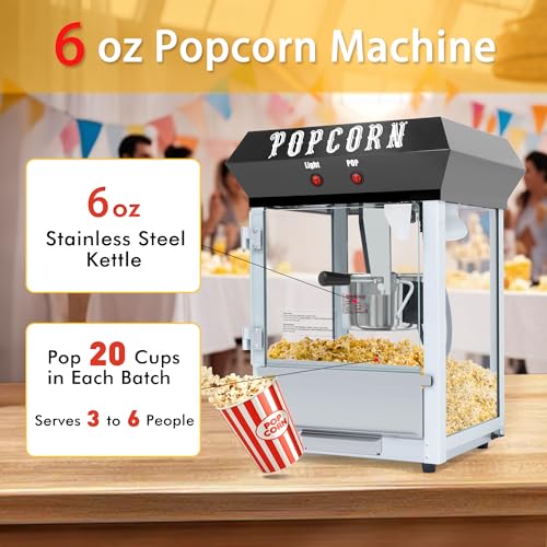 Image of Popcorn Machine (Black) - Countertop Popcorn Maker - Vintage Popcorn Popper with 6 Oz Auto-Stir Kettle, No cart & Stand, Makes Up to 20 Cups for Movie /Home Theater, Parties, Restaurants Snack