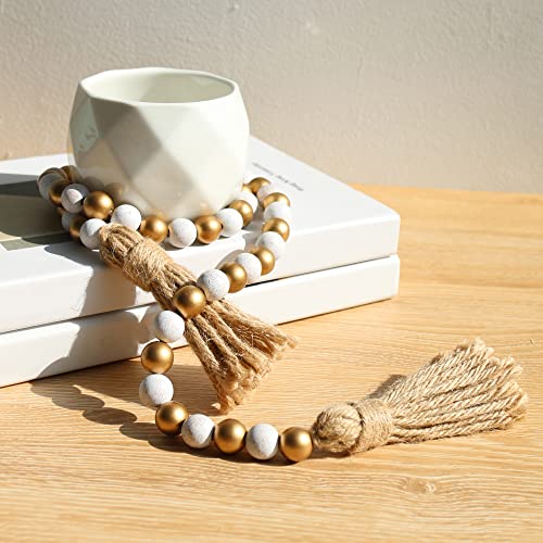 Meplait Wood Bead Garland,39In Farmhouse Beads With Tassels Boho Beads For Tiered Tray Decorative Beads Home Decor（Gold & Wash White） #TOP1