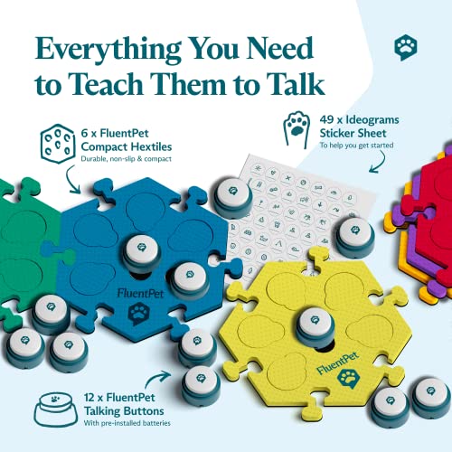 Fluentpet Basic Vocab Kit - Set Of 12 Recordable Buttons For Dogs & Cats And 6 Hextiles - Customizable Cat & Dog Buttons For Communication - Cat & Dog Talking Button Set With Voice Recording Buttons #TOP1