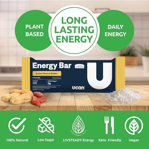 Image of UCAN Energy Bars | Low Sugar, Low Calories | Gut Friendly, Caffeine-Free, Vegan, Non-GMO, No Soy, Keto Friendly | Running, Cycling, Fitness, Pre & Post Workout | Salted Peanut Butter 12 Count