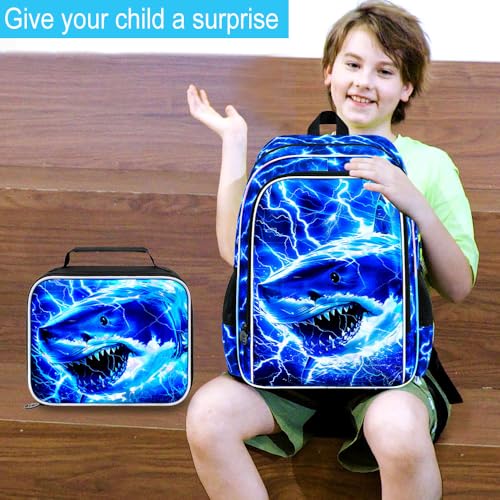 Image of 17 inch Shrak Backpack for Boy, 3Pcs Lightning Bookbag for Elementary Preschool Kindergarten, Kids School Thunder Backpacks with Lunch Box (Blue)