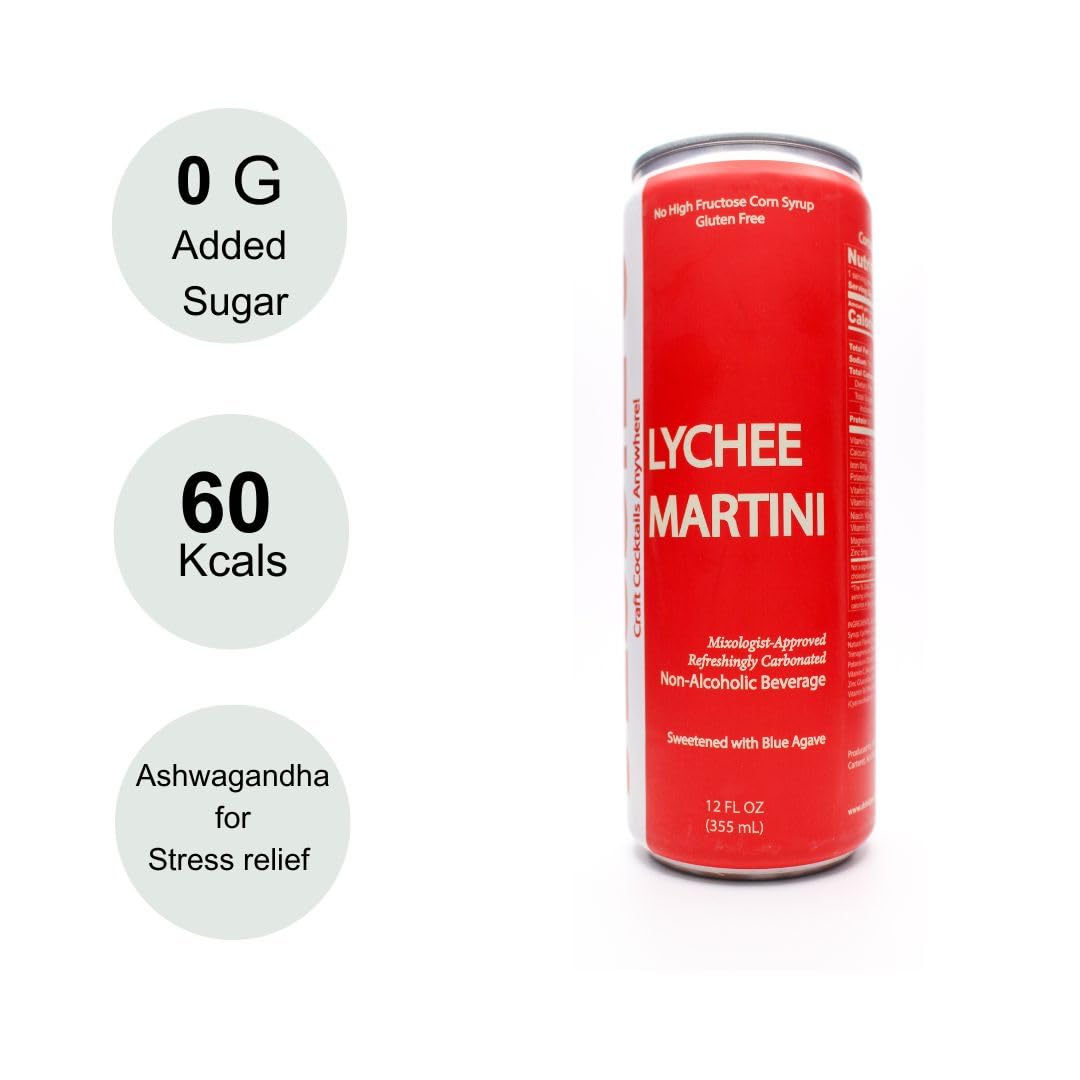 Jessie's Refreshing Adaptogen Drink with Ashwagandha, Vitamins & Zinc I Mixologist approved I Non-Alcoholic Craft Beverage with Organic Blue Agave I Lychee Martini 12 oz Cans, 6-Pack