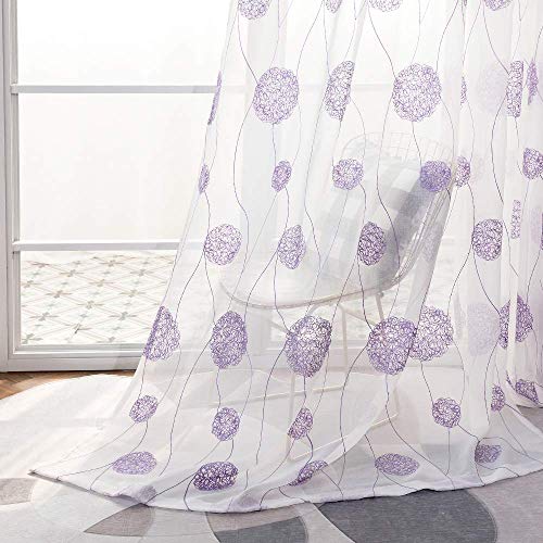 MIULEE Embroidery Sheer Curtains Flora Design Grommet Window Curtain Semi Voile Drapes Panels with Eyelets Window Treatments for Living Room Bedroom 2 Panels 55" W x 96" L Purple - Image 2