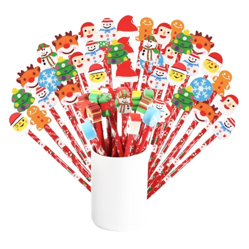 12 Matite Di Natale Con Gomma Decorata - Legno Morbido - Riempi Calze E Bomboniere Per Bambini