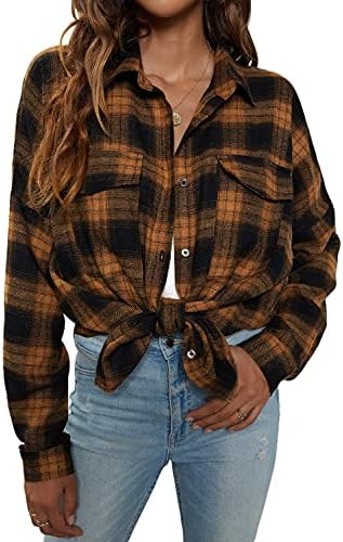 Blooming Jelly Women's Button Down Shirts Plaid Long Sleeve Collared Business Casual Tops Work Blouses V Neck T Shirts Flannel Shirts for Women (Medium,Brown Plaid)