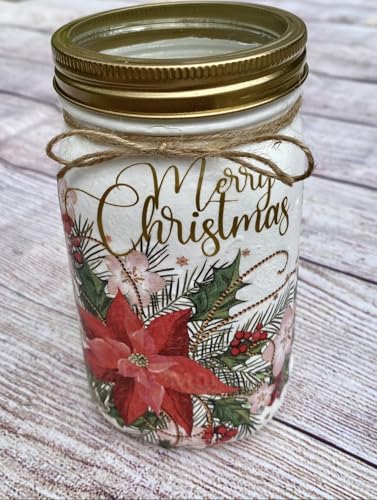 Festive Poinsettia Decoupaged Mason Jar - Handcrafted Christmas Cookie Jar and Centerpiece for Holiday Decor - Image 2