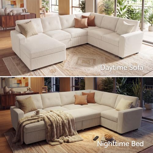 Image of HONBAY Corduroy Sectional Sleeper Sofa with Pull Out Bed, 7 Seaters 106 Inch U Shaped Setional Couch for Living Room, Beige