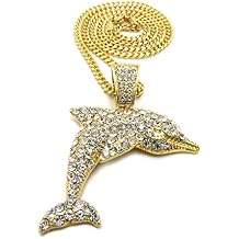 CBC Crown Stones Studded Hip Hop Dolphin Pendant 24" or 30" Necklace in Box, Rope, or Cuban Chain Necklace in Gold Tone