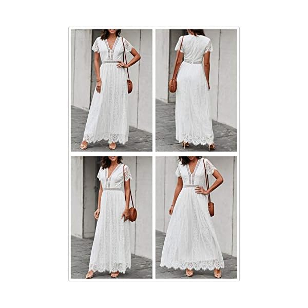 BLENCOT Womens Casual Floral Lace Deep V Neck Short Sleeve Long Evening Dress Cocktail Party Maxi Wedding Dresses Bohemian Flowy Boho Dress White Medium