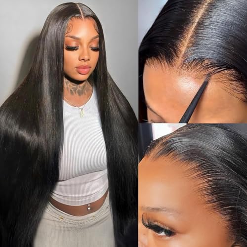 Pizazz 13x6 HD Lace Front Wigs Human Hair Pre Plucked Pre Bleached Pre Cut Glueless Wig Human Hair Upgrade Invisible Drawstring Wig with Tapes Straight 200 Density Ear-to-Ear Frontal Wigs for Women