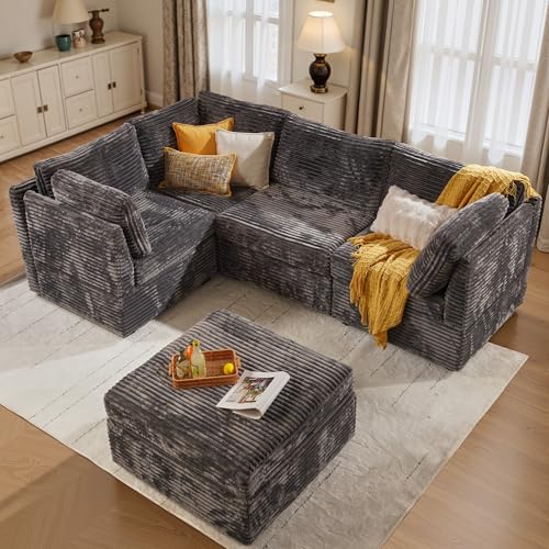 Image of ovios Modular Sectional Sofa Couch with Sofa Bed L-Shape Chaise, Comfy Plush Corduroy Cloud Couches, Modern Luxury Deep Seat Sofas Set for Living Room, 5-Seater, Grey