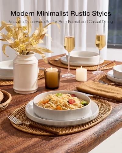 Image of Famiware Star 8-Piece Stoneware Dinnerware Sets for 4 - 23 oz Shallow Pasta Bowls and 10.5 inch Flat Dinner Plates, High Edge Dishes, Chip & Scratch Resistant, Microwave & Dishwasher Safe, Matte White