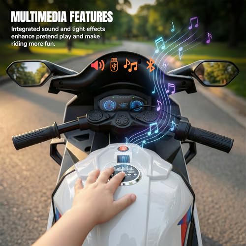 Image of Baybee BTR Baby Battery Operated Bike for Kids with Hand Accelerator USB Bluetooth, Rechargeable Rideon Toy Bike with RGB LED Light & Music, Baby Electric Bike for Kids 3+ Years Boys Girls (White)