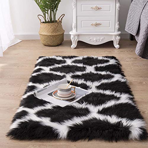 Carvapet Moroccan Shaggy Soft Faux Sheepskin Fur Area Rugs Floor Mat Luxury Beside Carpet for Bedroom Living Room 2ft x 4ft, White Strips on Black