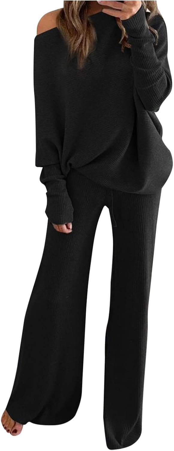 Women 2 Piece Outfits Lounge Sweater Sets Off Shoulder Long Sleeve Knit Pullover Top Wide Leg Pant Set Travel Clothes