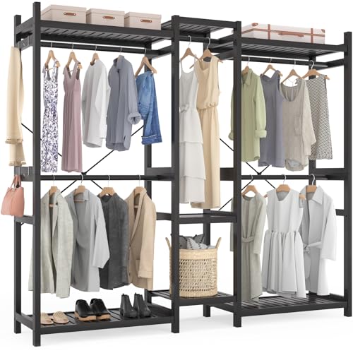 Homykic Bamboo Closet System Clothes Rack, Large Freestanding Garment Rack Clothing Rack for Hanging Clothes with 7 Storage Shelves and 5 Rods, Open Wardrobe Organizer with 4 Hooks, Black