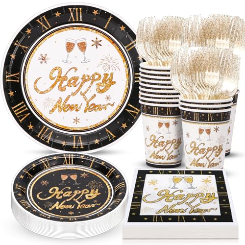Atonofun Happy New Year Party Supplies, Party Plates, Cups, Napkins and Cutlery, New Year Party Decorations for New Years Eve Party Serves 24