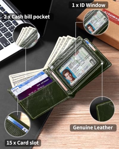Image of Artpaxy Mens Wallet Bifold Genuine Leather RFID Blocking Wallet for Men with 1 ID Window 13 Card Holders 2 cash pockets 1 Gift Box