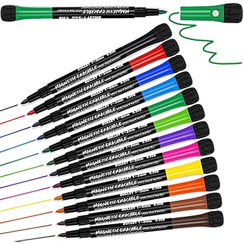 12 Whiteboard Pens -White Board Markers Erasable Whiteboard Markers, White Board Pens Colour Dry Wipe Markers, Magnetic Whiteboard Pens with Eraser, Thin Whiteboard Marker Pens Fine Dry Wipe Pens Cover