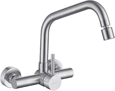 ONECE Wall Mounted Tap with 2 Water Jets for Kitchen Sink, Kitchen Mixer Tap in Stainless Steel 304, Kitchen Tap with Rotating Spout, 360  Swivel Single Lever Mixer Tap, Brushed