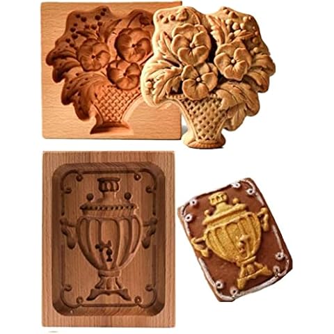 Wooden Cookie Mold Wooden Baking Mold- Trophy & Flower Basket Shape Cake Fondant Press Stamp Embosser Cutter Cake Decor Christmas Carved Mooncake Mold Kitchen gadgets(Trophy & Flower Basket) Cover