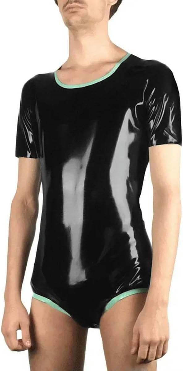 Short Sleeve Bodysuits Mens PVC Leather High Cut Jumpsuit O-Neck Stretch PU Bodycon Bodyduits Clubwear Customizable