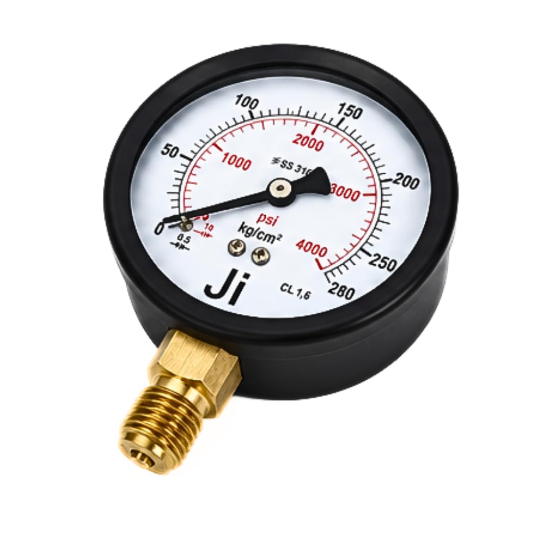 "Ji" Japsin Instrumentation Commercial Pressure Gauge, 2 1/2" Dial, Range 0-280 Kg/Cm2 with a dual scale of 4000 PSI, Direct Mounting Bottom Entry, 1/4" BSP Connection, MS Case & Brass Internal-image-34