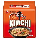 Nongshim Shin Ramyun Noodle Soup Vegan & Halal – Spicy Korean Instant Noodles, Plant-Based (Pack 5, Shin Kimchi 120g)