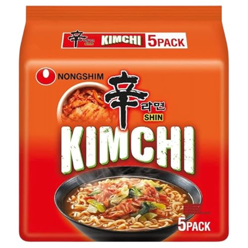 Nongshim Shin Ramyun Noodle Soup Vegan & Halal – Spicy Korean Instant Noodles, Plant-Based (Pack 5, Shin Kimchi 120g)