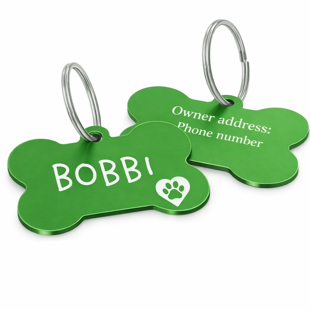 Personalised Dog Tags for Pets, Custom Enrgaved with Name & Owner Address Phone Number, Lightweight Durable Pet Name Tag for Dogs & Cats (Green)