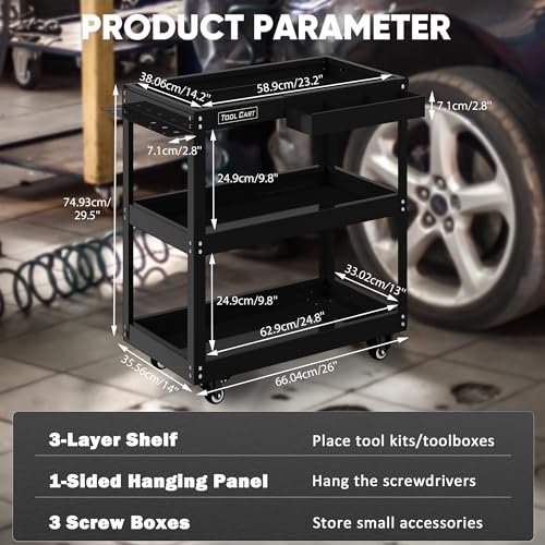 SILVEL 3 Tier Rolling Tool Cart, 330LBS Tool Service Cart with Extra Storage Box and Side Hanging Panels, Heavy Duty Utility Cart with Wheels for Garage, Workshop, Warehouse, Repair Shop