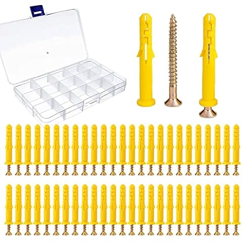 50 Pack Screws and Wall Plugs Set PATILWON Tapping Drywall Screws and Plastic Expansion Anchor Self Drilling Screws Wall Fastener Kit with 15 Grids Storage Box (M8*40) Cover